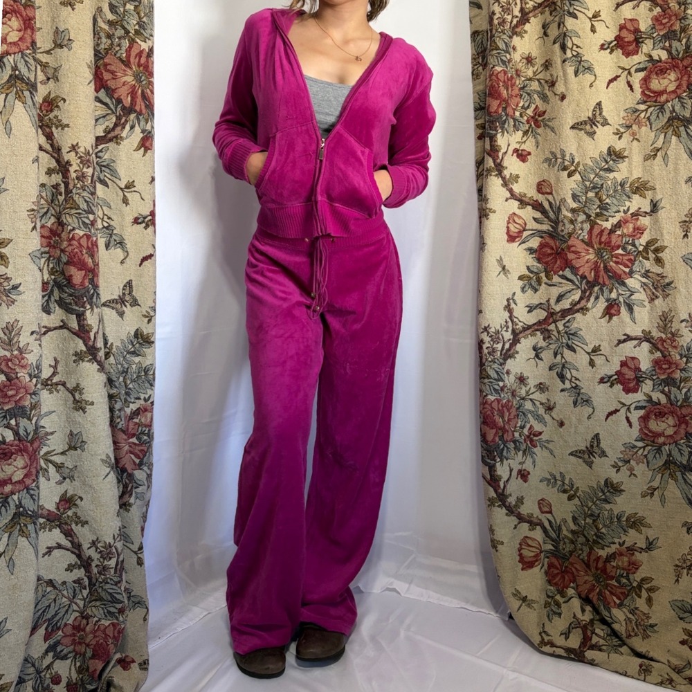 Plush & Lush Hot Pink Velour Tracksuit Y2K Velvet Zip Hoodie Pants Small